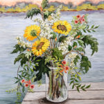 Sunflowers & Hummer, Dockery Austin, oil on canvas, 30x40, NFS